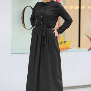 Women’s Button Black Modest Long Dress